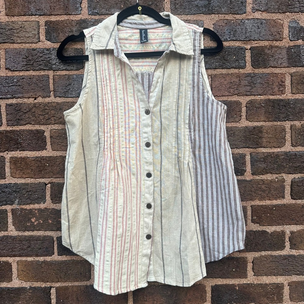Sacred Threads Y2K L/XL Striped Sleeveless Button Up Beige Cream Boho India